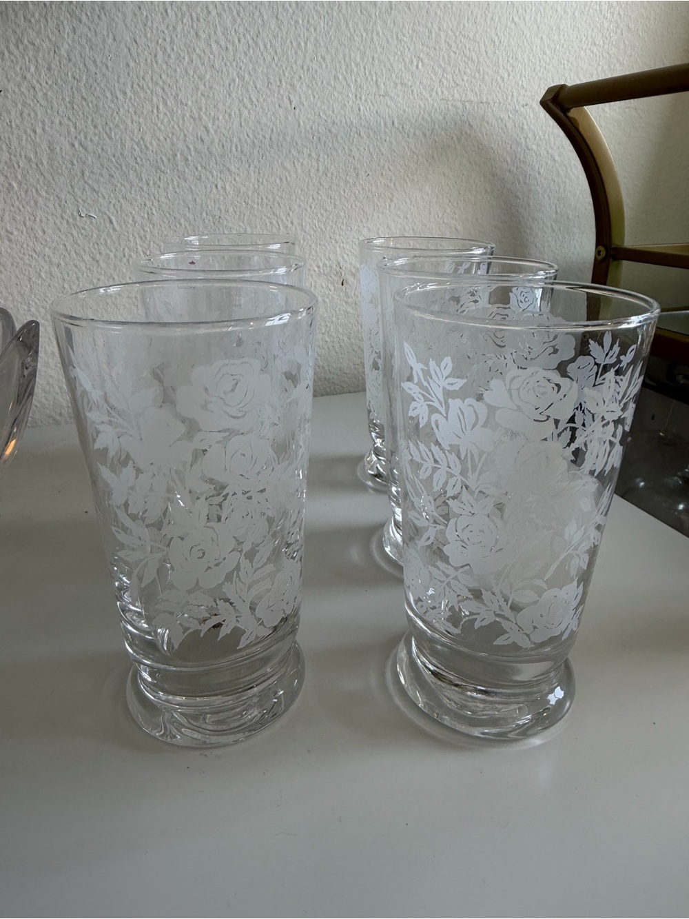 Vintage Libbey Glasses Set of Six Clear Glass and White Frosted Glass Floral